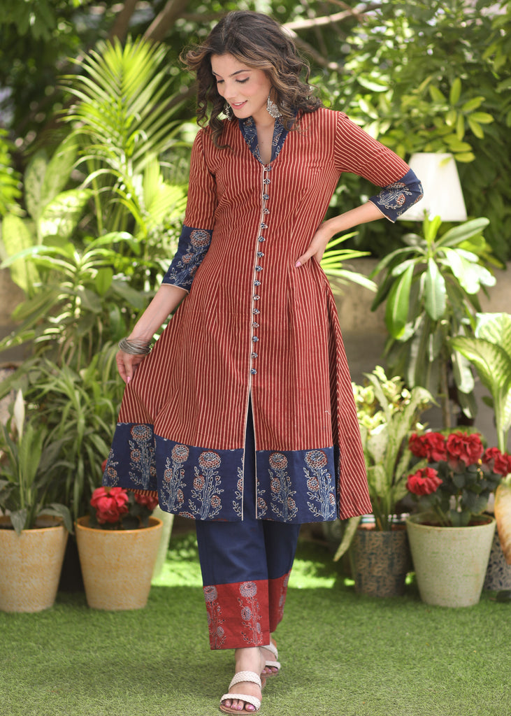 Exclusive Maroon Cotton Ajrakh A-Line Kurta - Pant Optional