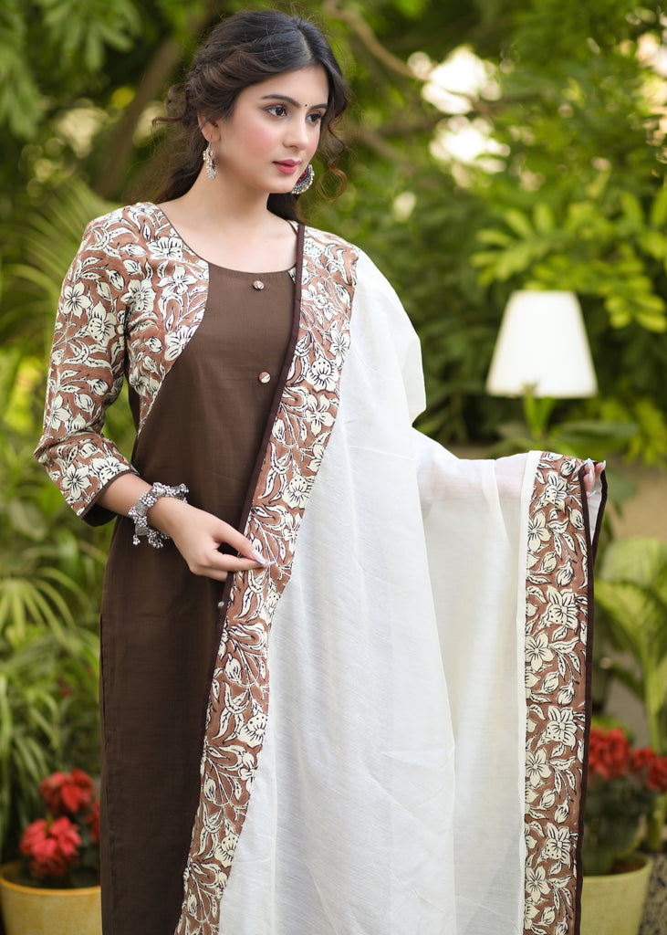 Beautiful Coffee Brown Cotton Kurta Pant Set - Dupatta Optional