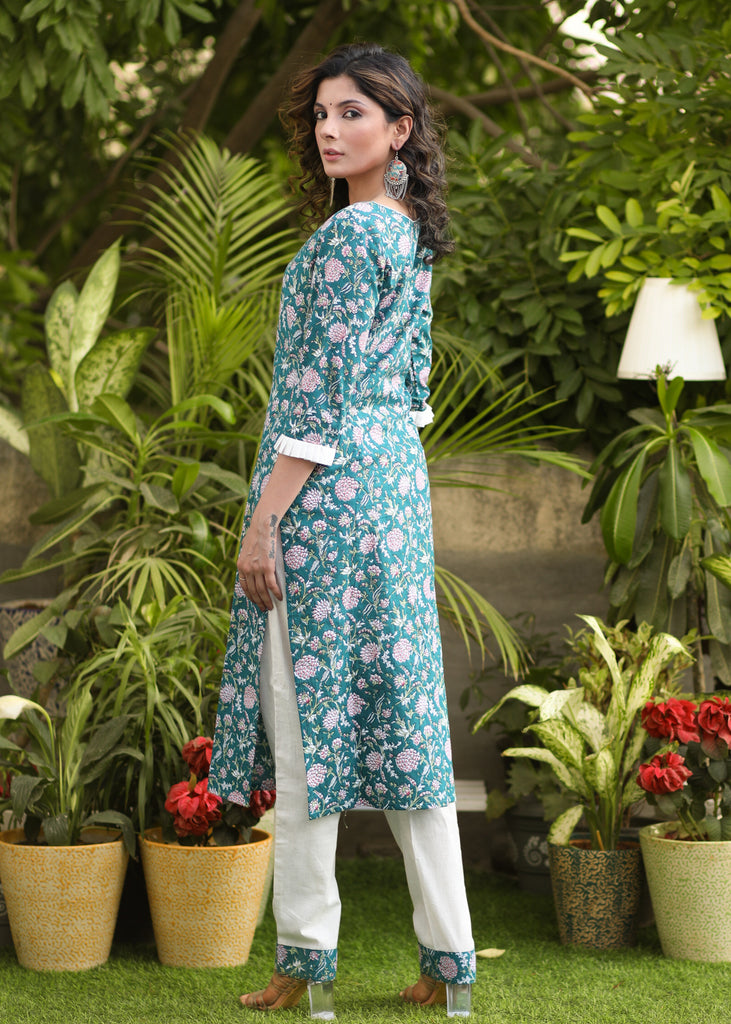 Classy Cotton Teal Floral Print Straight Cut Kurti - Pant Optional