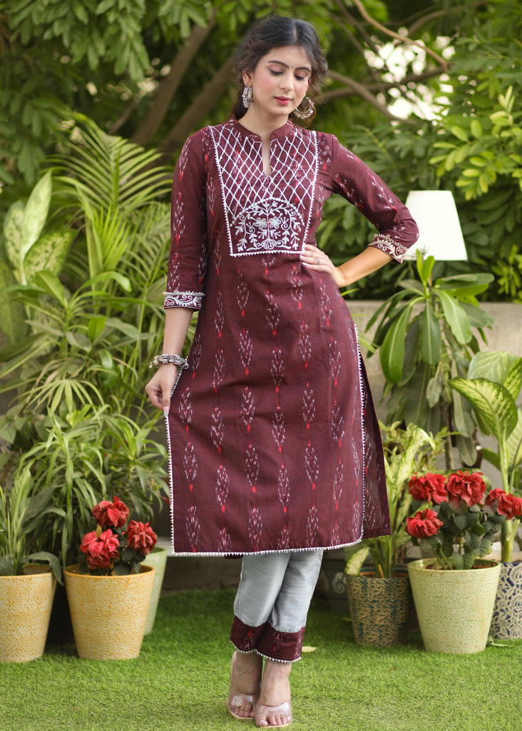 Exclusive Cotton Maroon Ikat Embroidered Kurti - Pant Optional