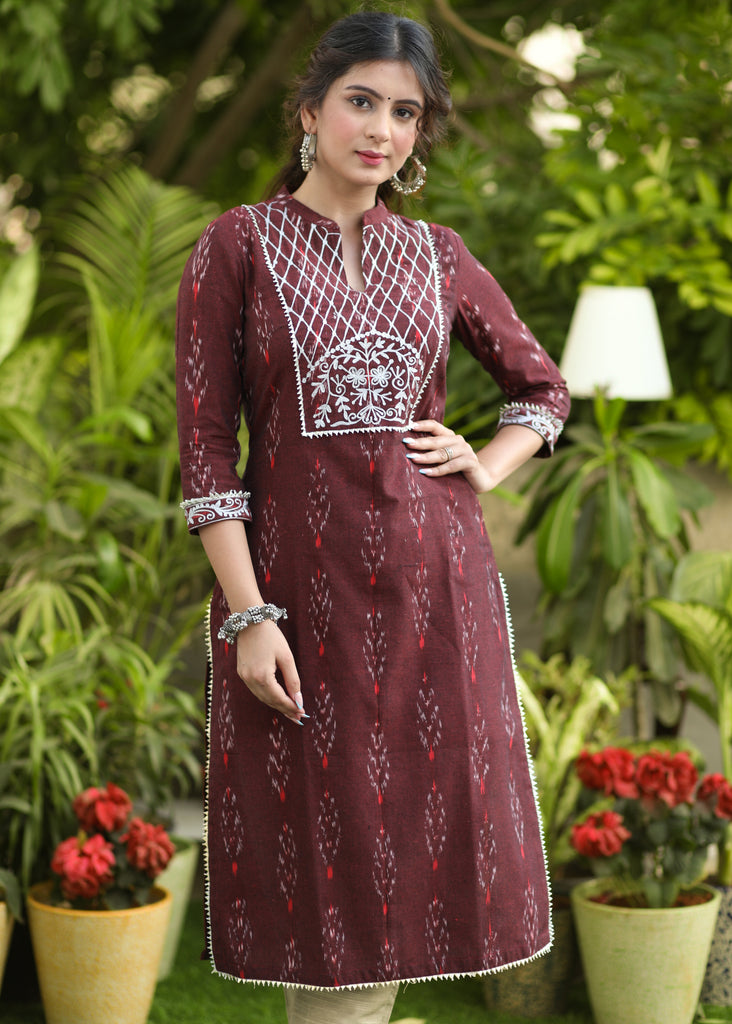 Exclusive Cotton Maroon Ikat Embroidered Kurti - Pant Optional