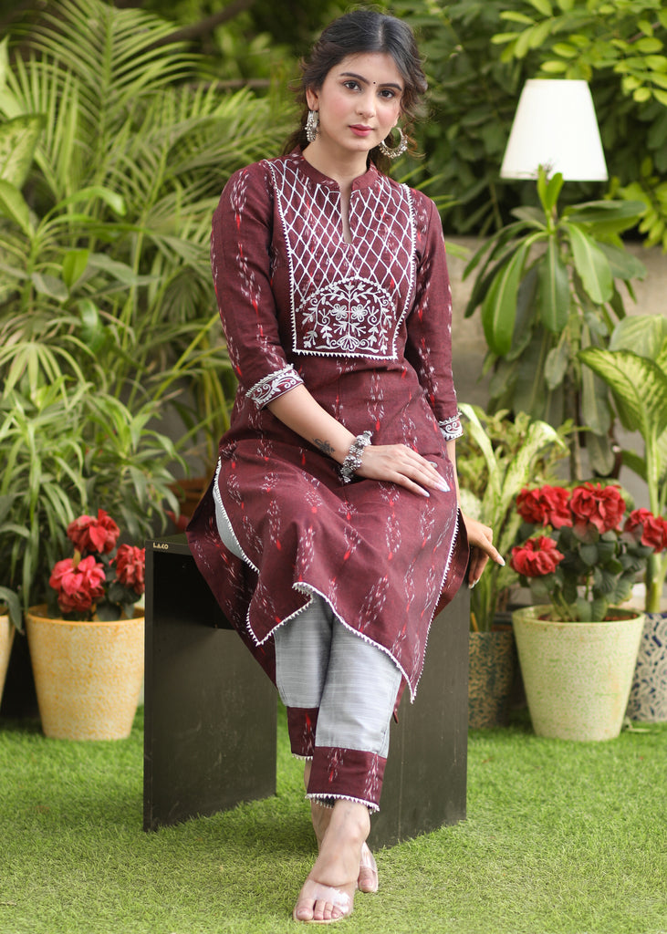 Exclusive Cotton Maroon Ikat Embroidered Kurti - Pant Optional