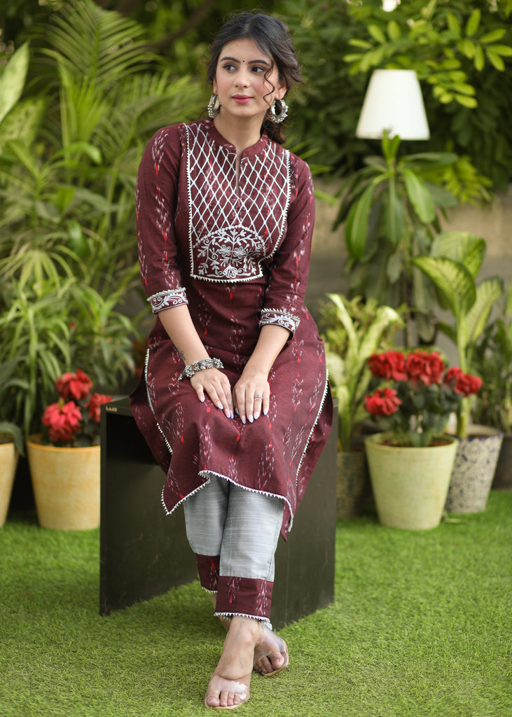 Exclusive Cotton Maroon Ikat Embroidered Kurti - Pant Optional