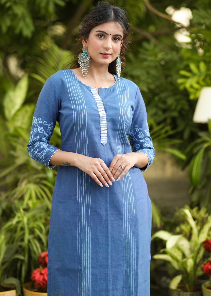 Trendy Cotton Blue Embroidered Kurti - Ikat Pant Optional