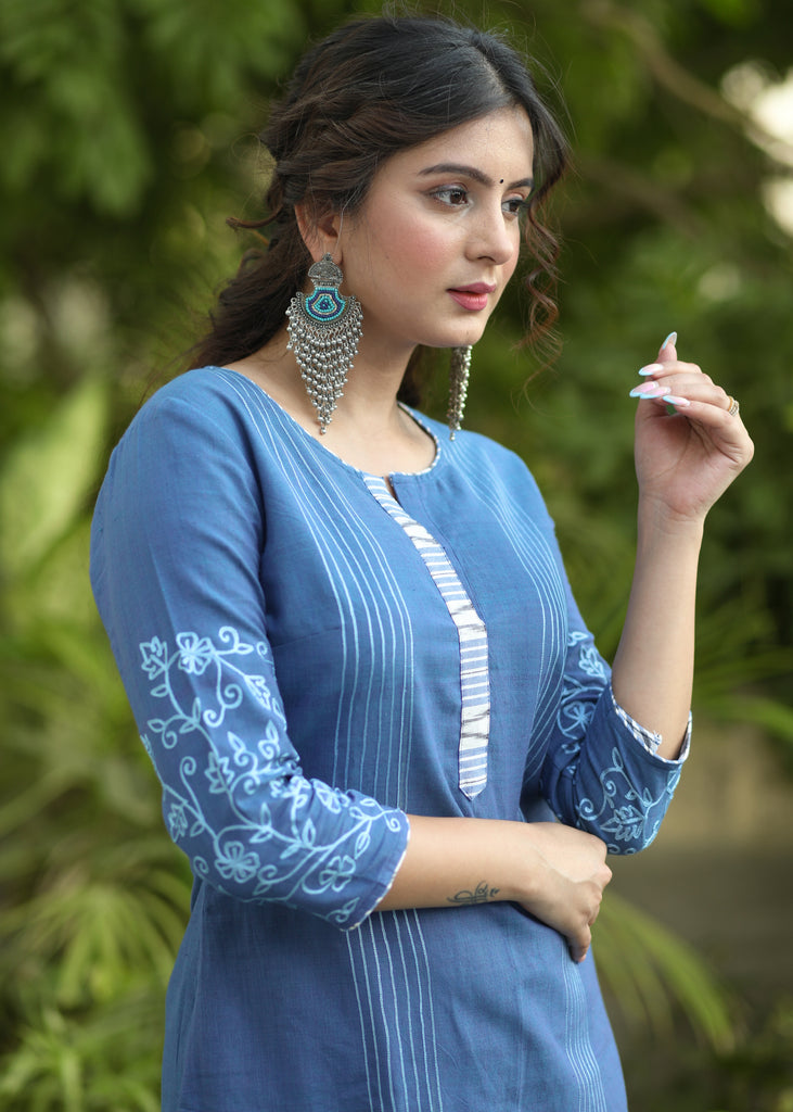 Trendy Cotton Blue Embroidered Kurti - Ikat Pant Optional