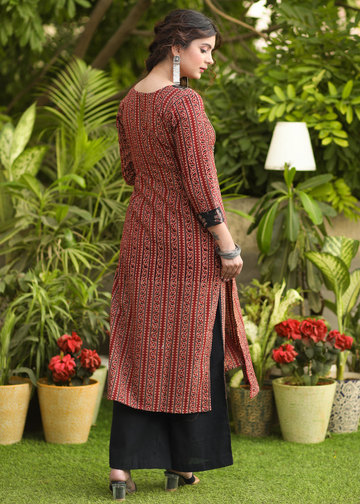 Exclusive Straight Cut Ajrakh Combination Kurti - Pant Optional
