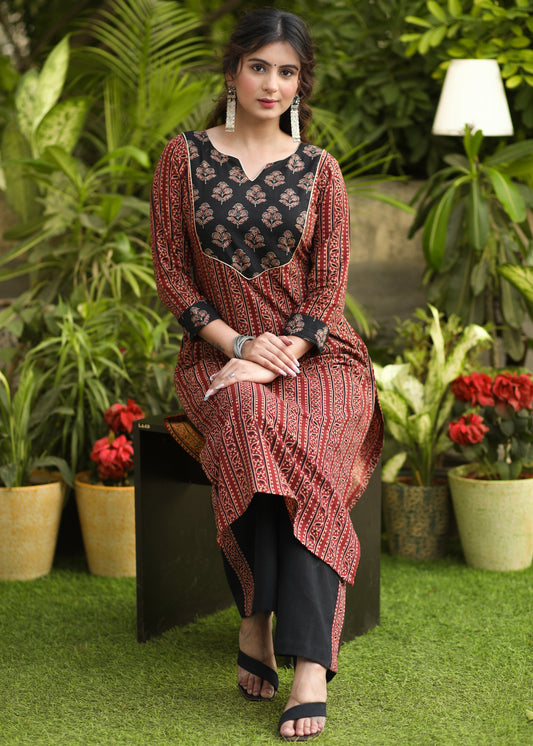 Exclusive Straight Cut Ajrakh Combination Kurti - Pant Optional