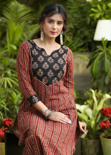 Exclusive Straight Cut Ajrakh Combination Kurti - Pant Optional