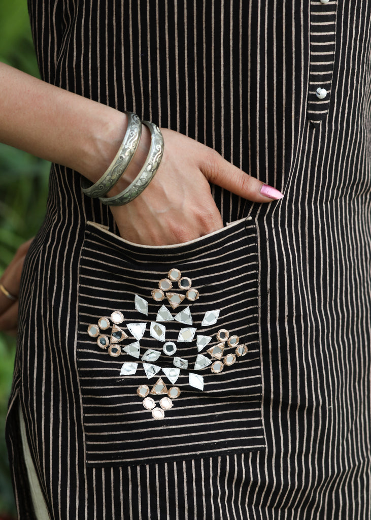 Smart Black Line Ajrakh Hand Mirror Kurti - Pant Optional