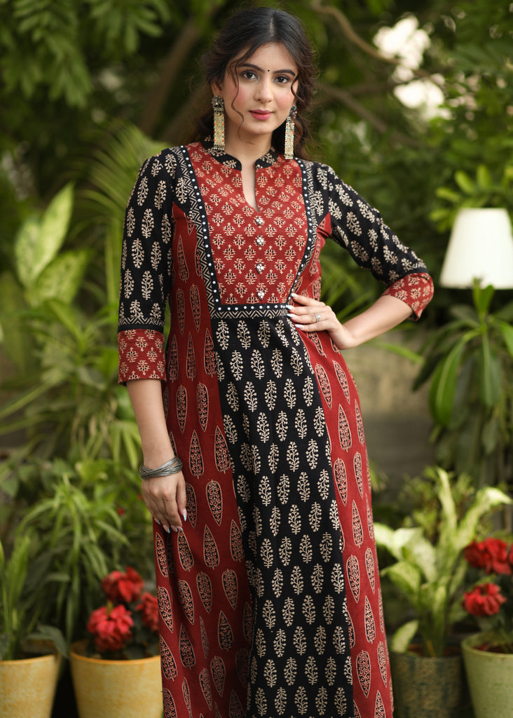 Exclusive Ajrakh Combination A-Line Kurti with Pearl Embelished Yoke - Pant Optional