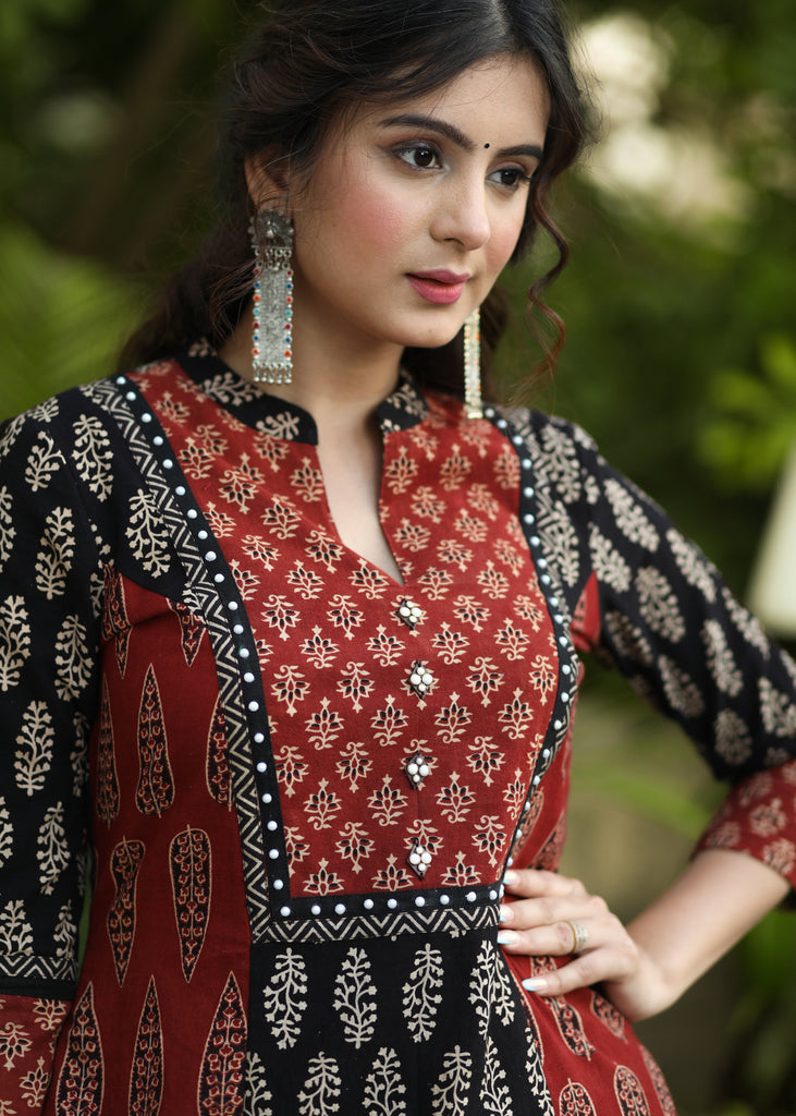 Exclusive Ajrakh Combination A-Line Kurti with Pearl Embellished Yoke - Pant Optional