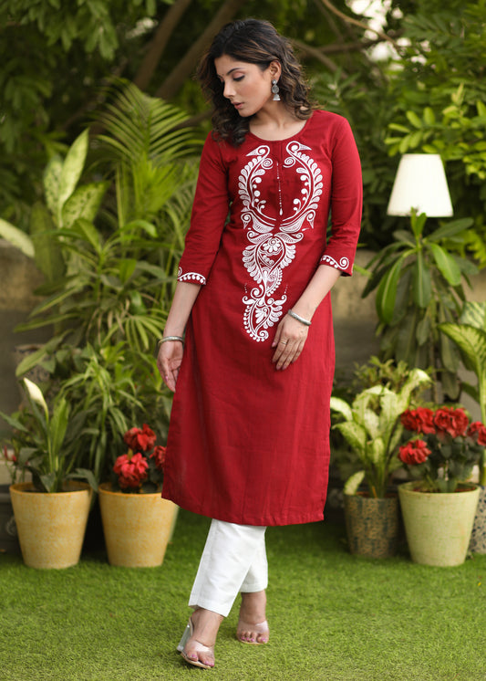 Smart Cotton Maroon hand painted kurti - Pant Optional