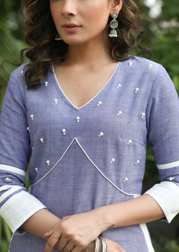 Classy Pure Cotton Lilac Kurta with Pearl Embellishment on Yoke and Matching Pant Set - Chiffon Dupatta Optional
