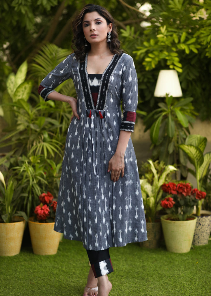 A-Line Cotton Ikat Kurti with Beautiful Combination Yoke - Pant Optional