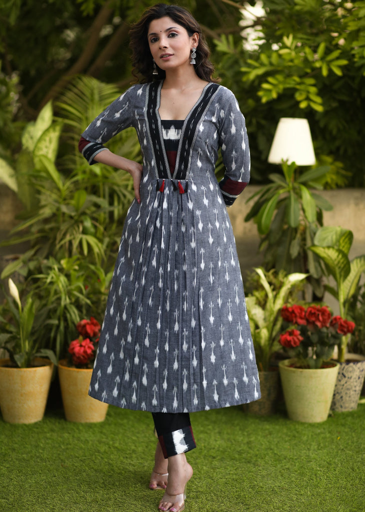 A-Line Cotton Ikat Kurti with Beautiful Combination Yoke - Pant Optional