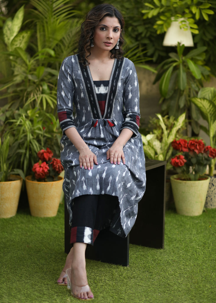 A-Line Cotton Ikat Kurti with Beautiful Combination Yoke - Pant Optional
