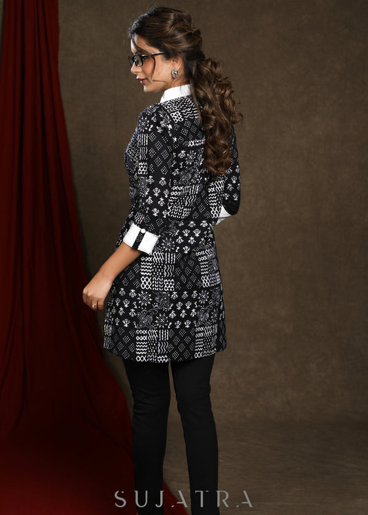 Trendy cotton black printed shirt styled tunic