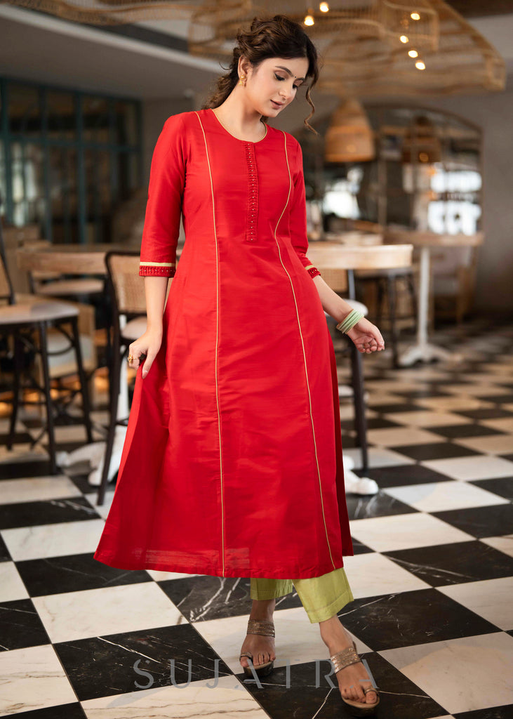 Elegant Red Cotton Silk A Line Kurta Pant Set With Pin tucks & Gold Pearls On Placket -  Dupatta Optional