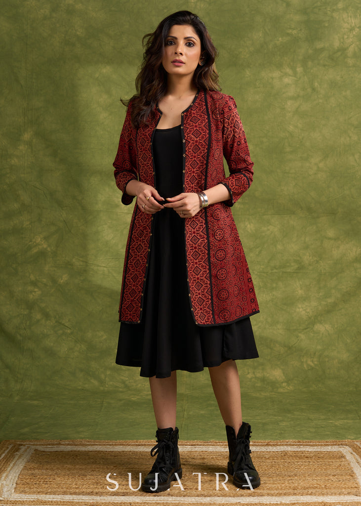 Real Elegant Maroon Ajrakh Long Jacket With Sleek Black Piping And Stone Adornments Dress Optional
