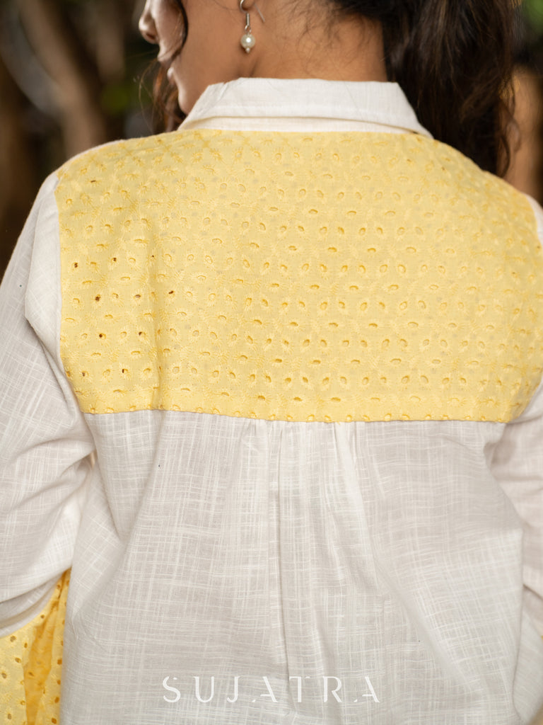 Whimsical White Cotton Shirt with Yellow Hakoba Ruffle Sleeves & Yoke