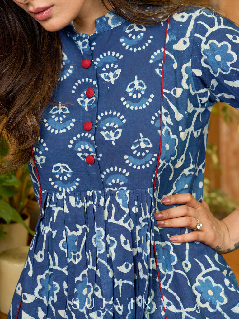 Classic Indigo Gathered Cotton Top with Bold Maroon Trim