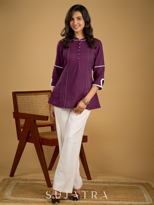 Elegant purple cotton top beautifully finished with delicate lace detailing