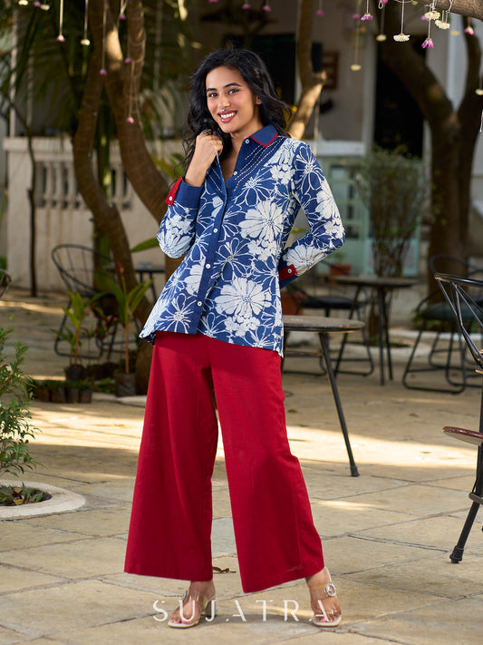 Heritage Indigo Floral Cotton Shirt with Handcrafted Kantha Stitch Accents