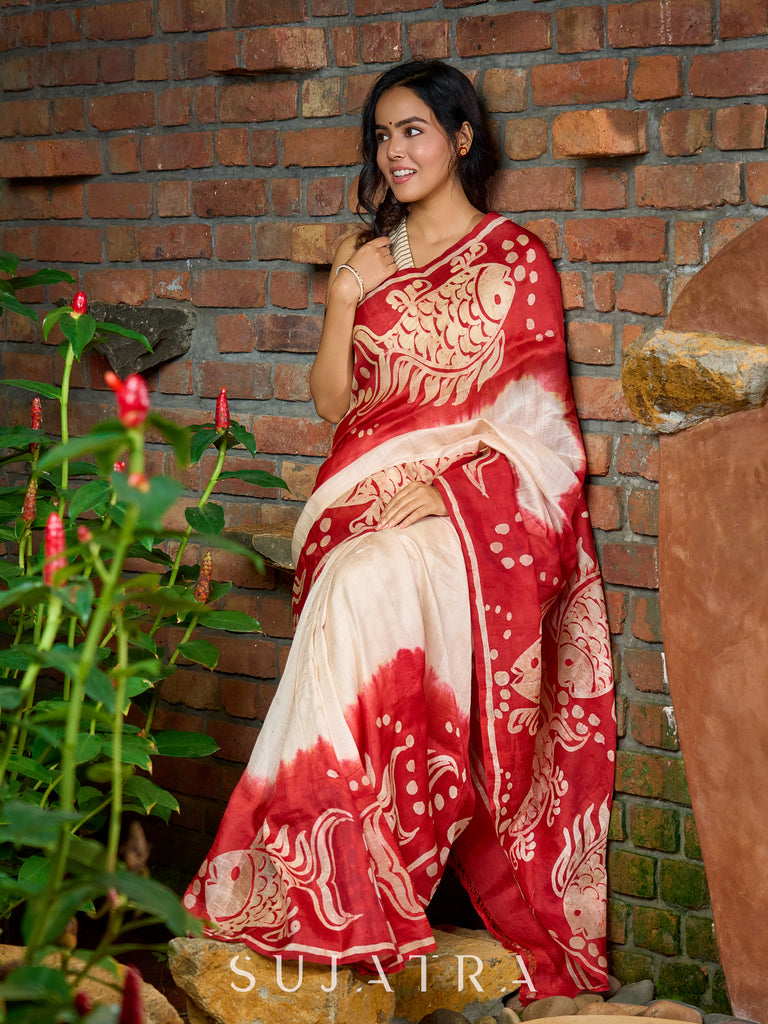 Pure silk masterpiece saree with statement fish patterns