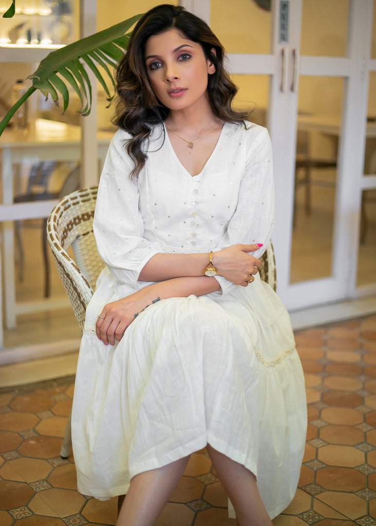 Elegant White Cotton Dress with Sequence Work on Yoke with Inner
