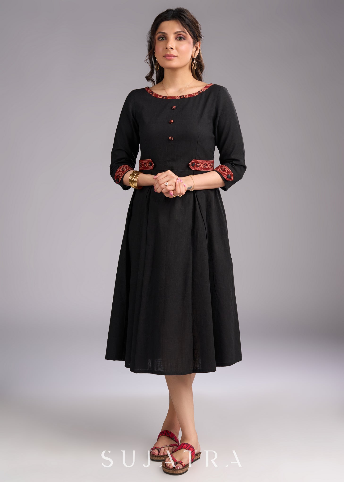 Timeless Black Cotton Dress with Maroon Ajrakh Accents Sujatra — free download