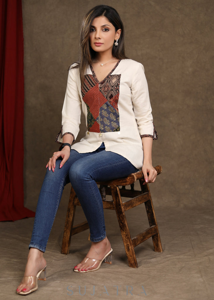 Smart High-Low Ajrakh Patchwork Cotton Off White Top