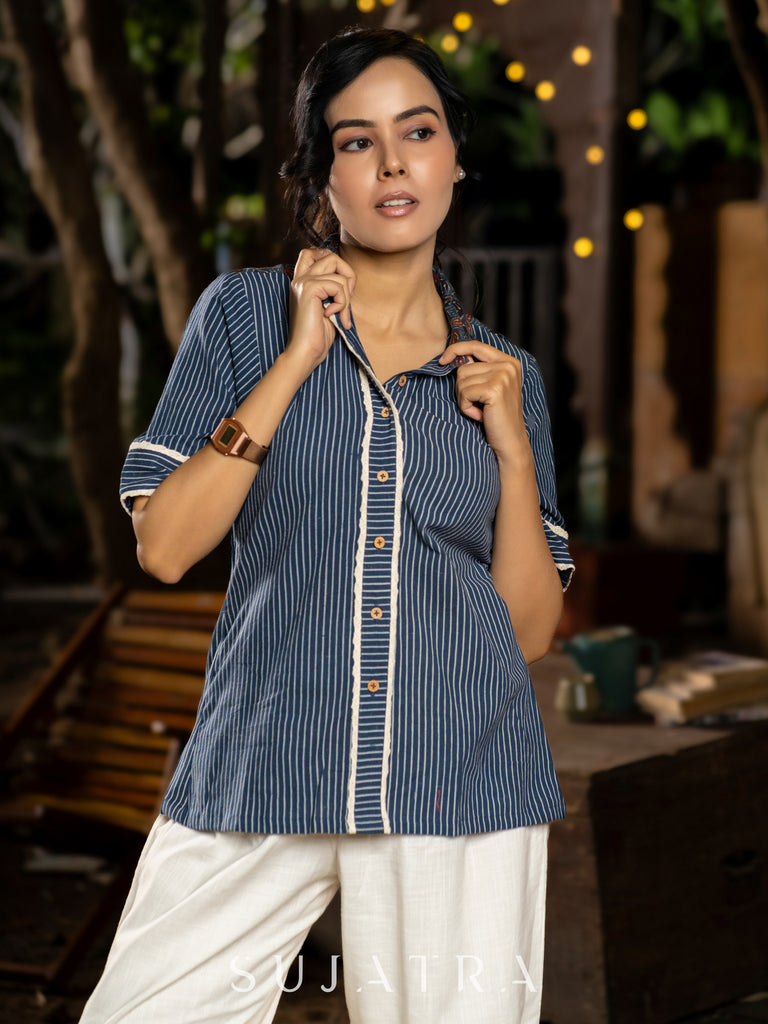 Chic Indigo Striped Shirt with Ajrakh & Elegant Crochet Lace Detailings