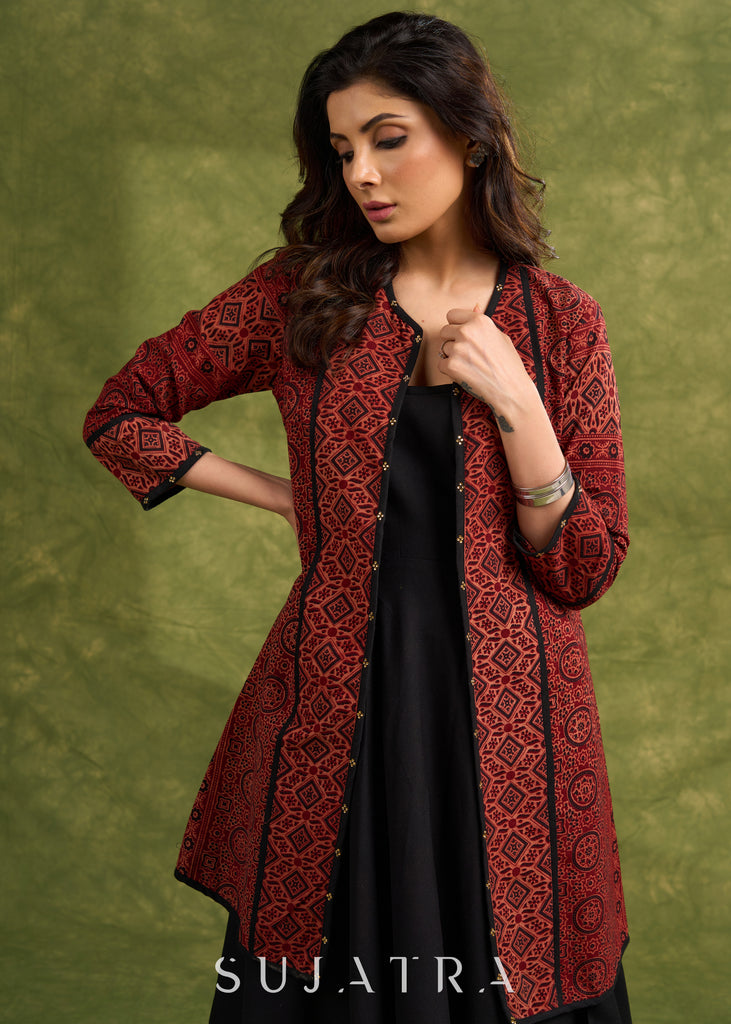 Real Elegant Maroon Ajrakh Long Jacket With Sleek Black Piping And Stone Adornments Dress Optional