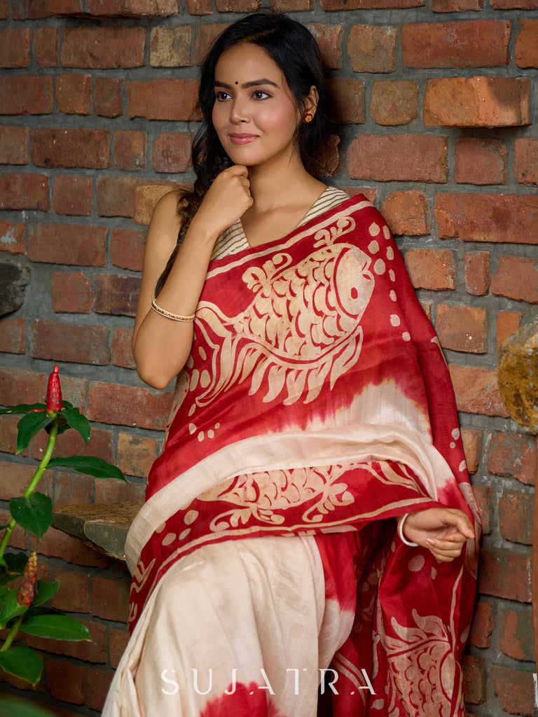 Pure silk masterpiece saree with statement fish patterns