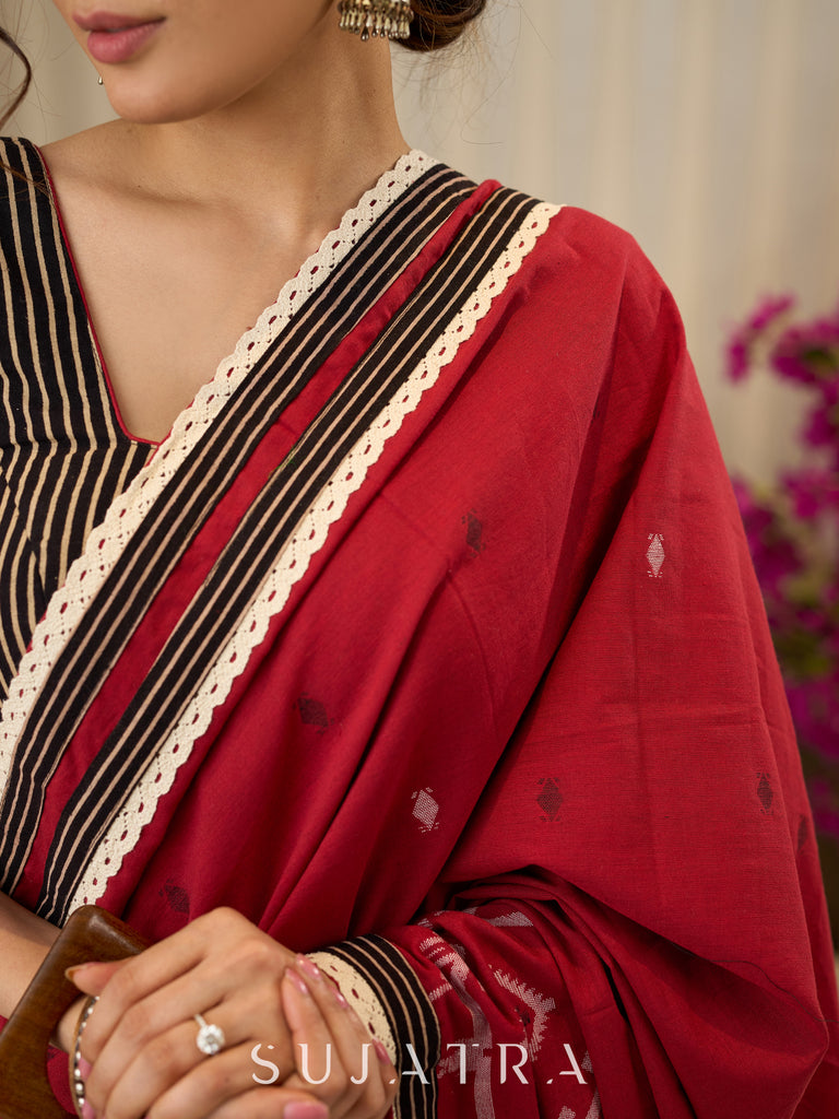Exquisite Jamdani saree in regal red with intricate motifs and lace borders