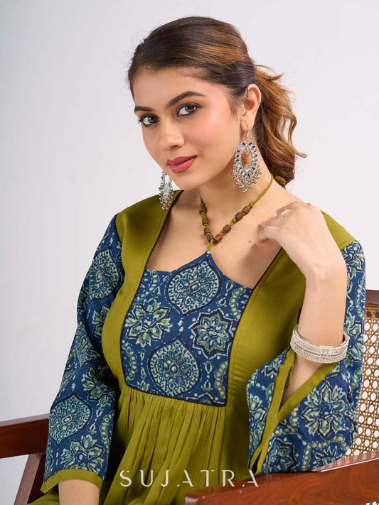 Olive Rayon Designer Top with Ajrakh Yoke and Statement Neckpiece-Tie Up Drawstring