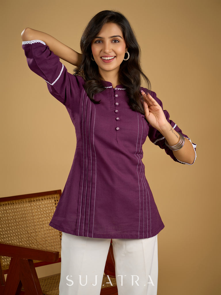 Elegant purple cotton top beautifully finished with delicate lace detailing