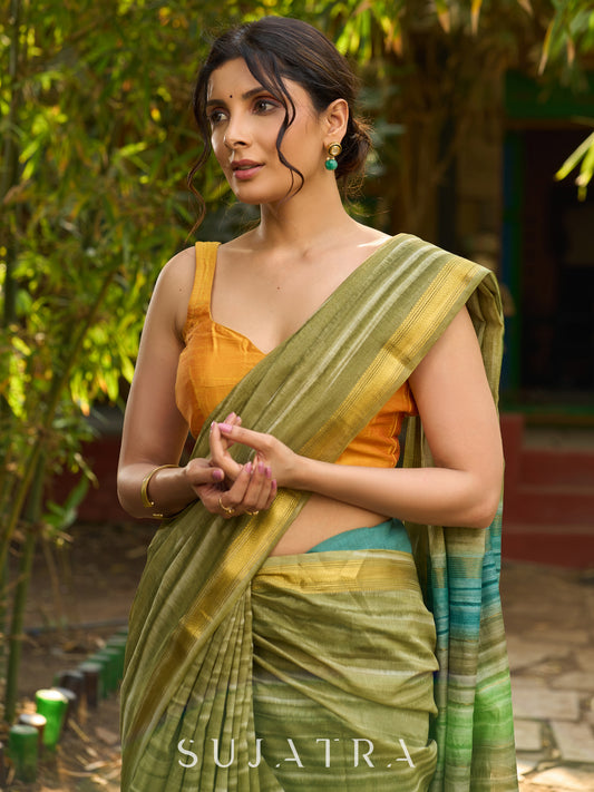 Striped Olive cotton Saree with Lustrous Golden Border