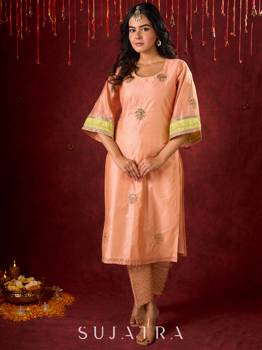 Graceful Peach-Green Combination Chanderi Kurta with Fine Embroidery