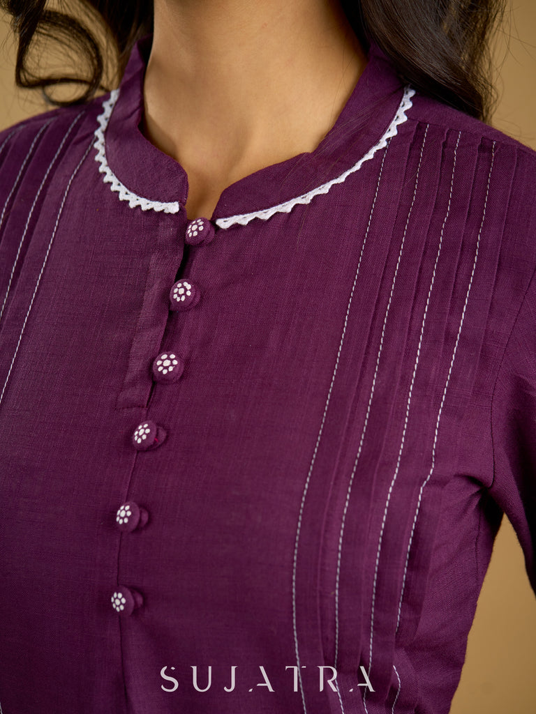 Elegant purple cotton top beautifully finished with delicate lace detailing
