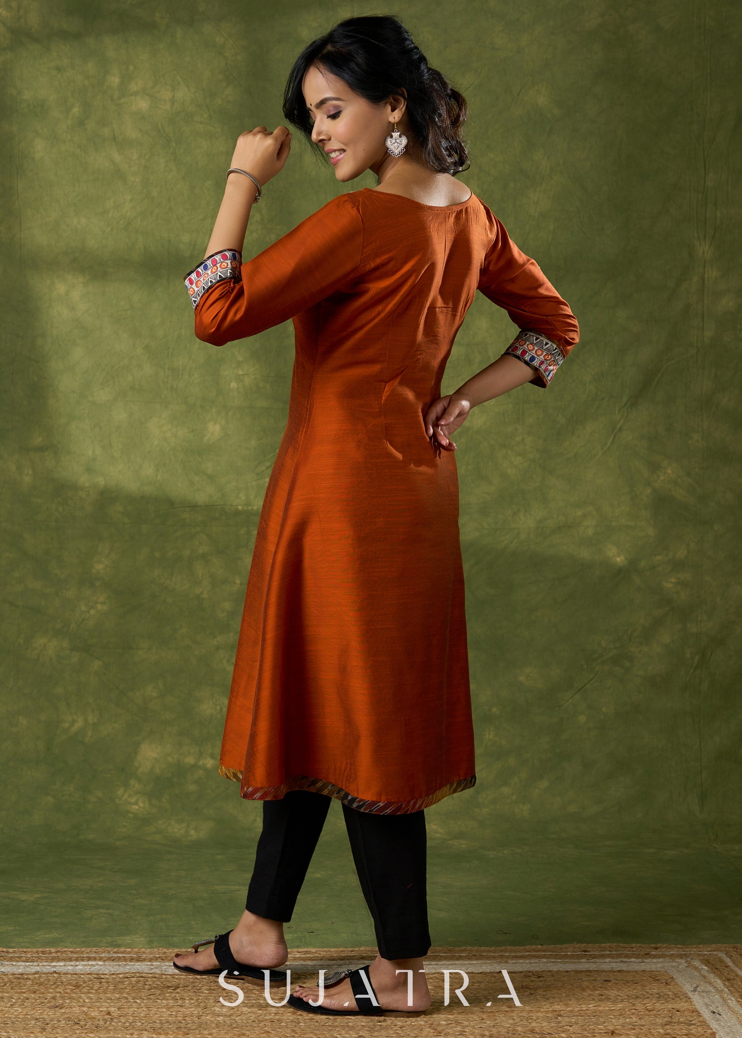 Exclusive Rust Kurta With Hand Painted Madhubani Yoke - Pant Optional