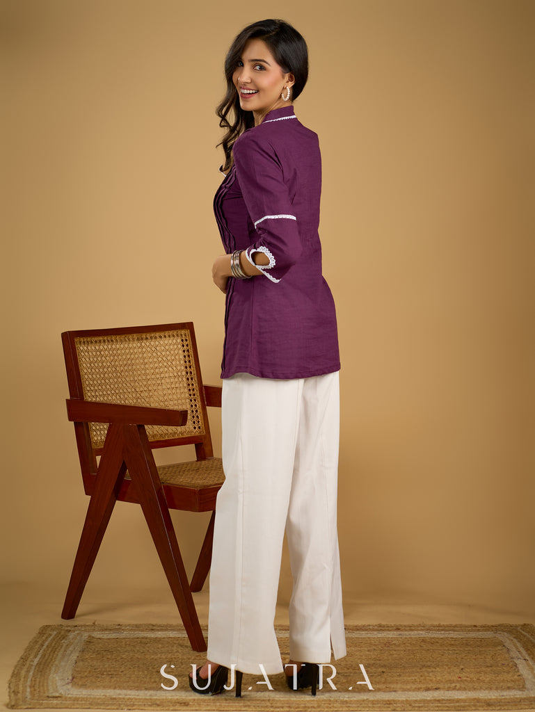 Elegant purple cotton top beautifully finished with delicate lace detailing