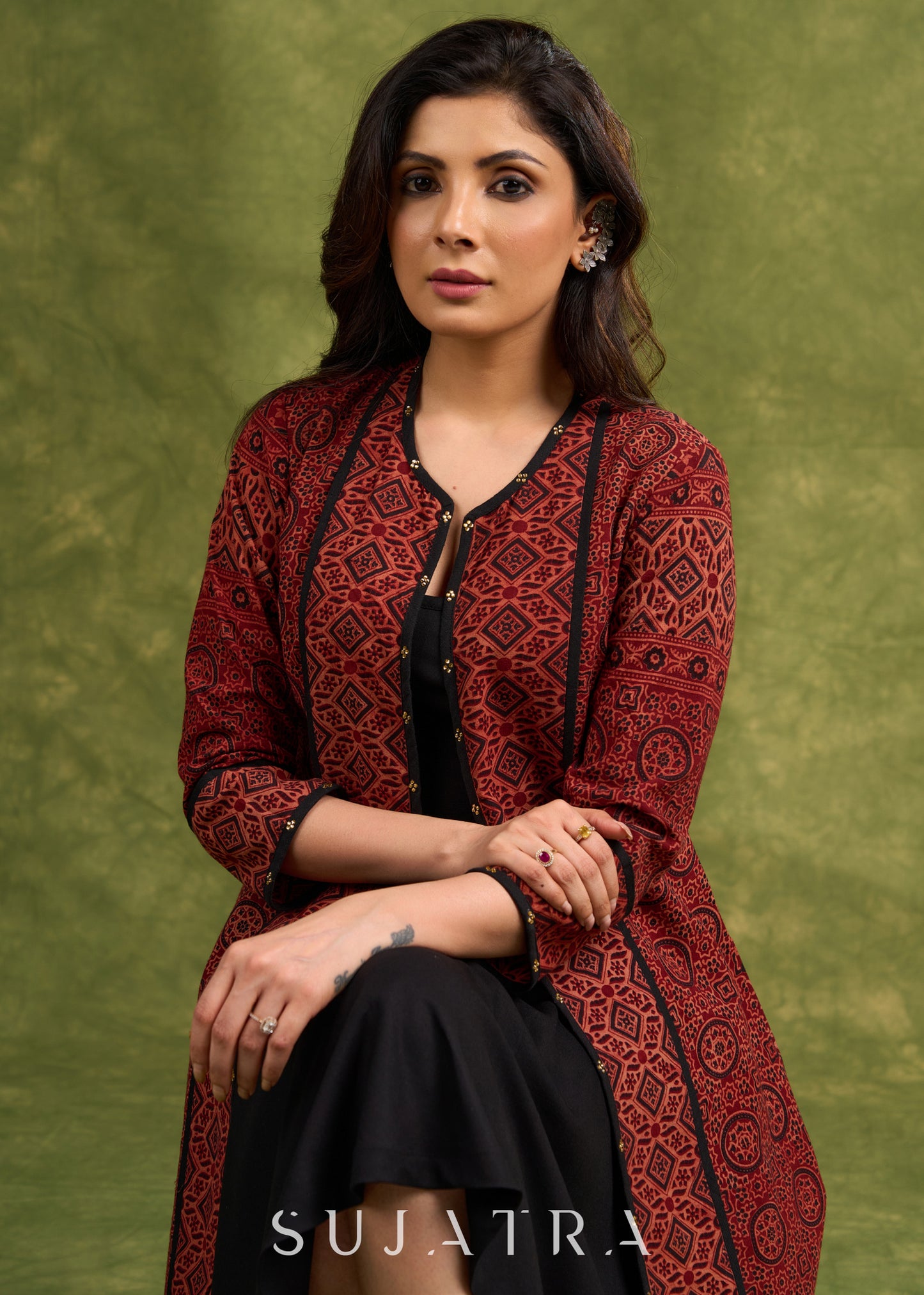 Real Elegant Maroon Ajrakh Long Jacket With Sleek Black Piping And Stone Adornments- Dress Optional