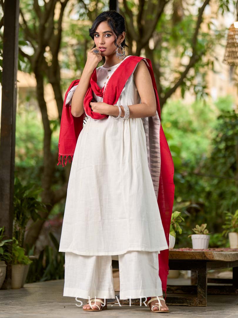 Exquisite Grey & Red Combination Ikat Cotton Dupatta