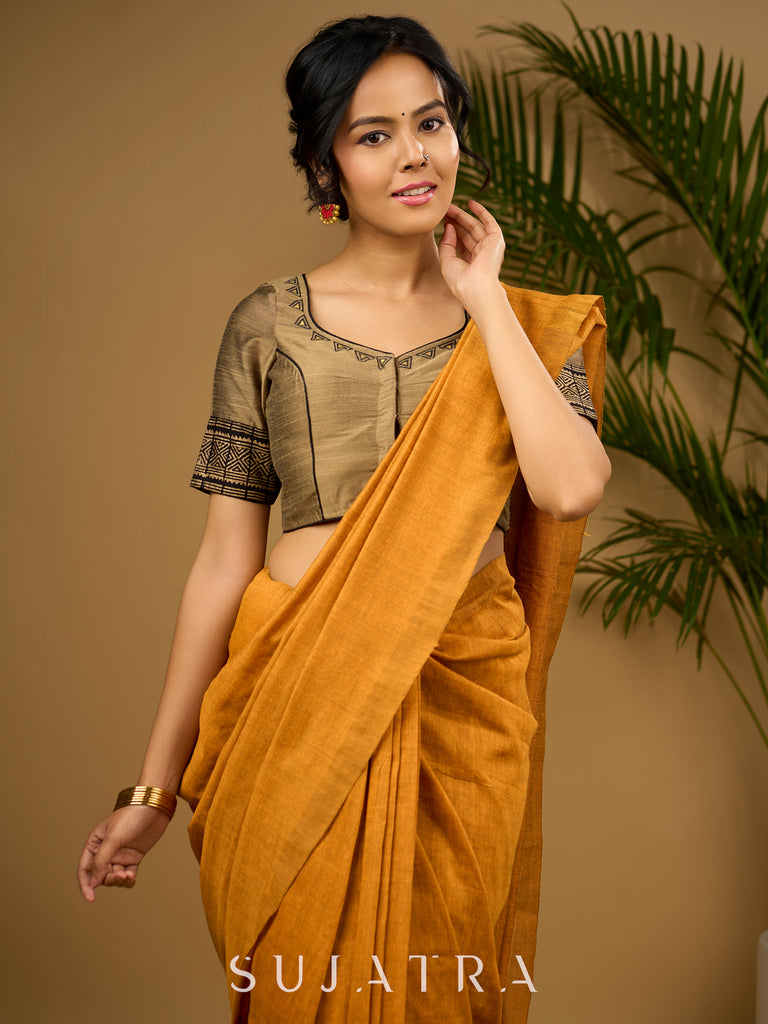 Elegant dark gold cotton silk blouse with traditional block print design - Optional Plain Saree