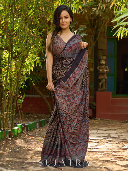 Black Hand Block Printed Ajrakh Modal Saree with Zigzag Pattern and Ornate Border