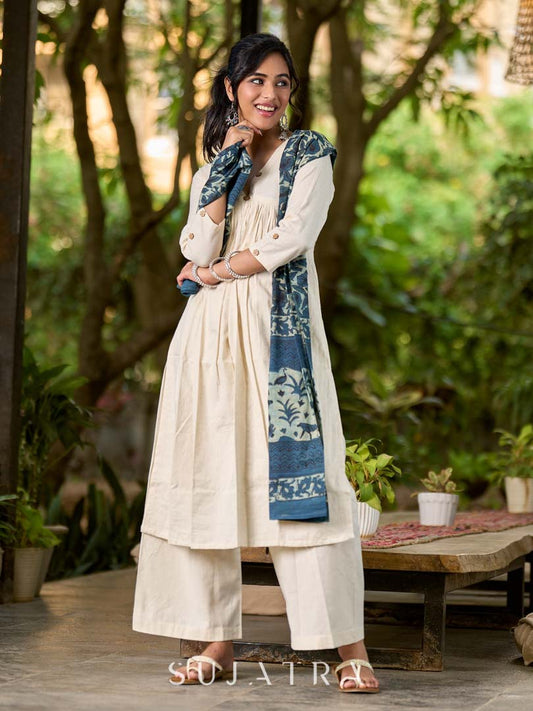 Classic Ivory Cotton Kurta with Subtle Gather Detailing