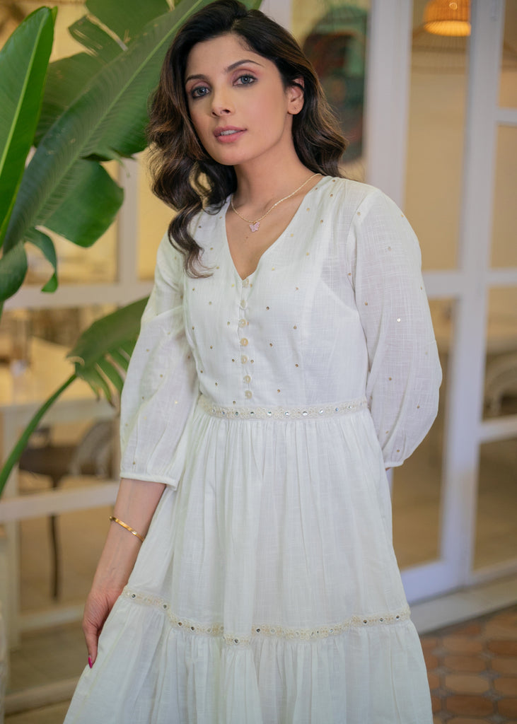 Elegant White Cotton Dress with Sequence Work on Yoke with Inner