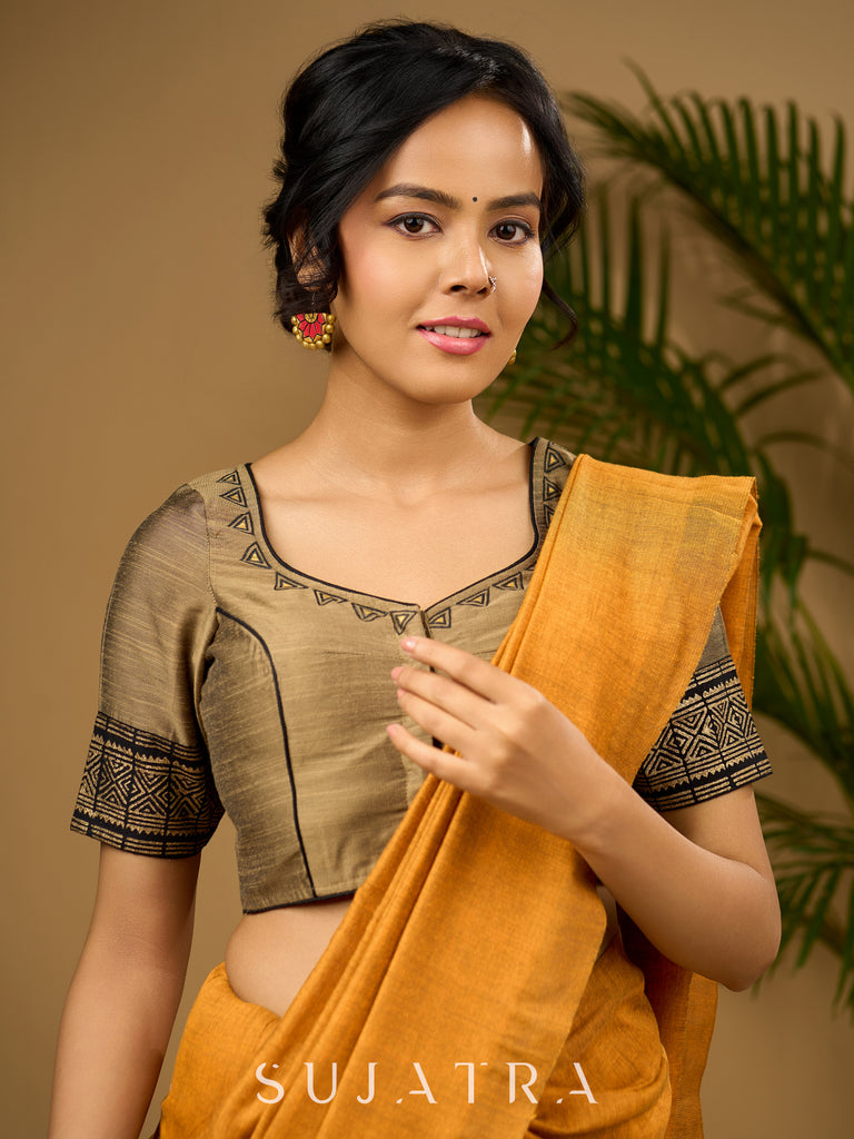 Elegant dark gold cotton silk blouse with traditional block print design - Optional Plain Saree