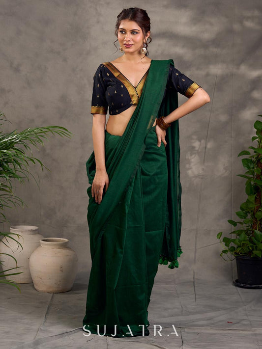 Contemporary Dark Bottle Green Cotton Saree